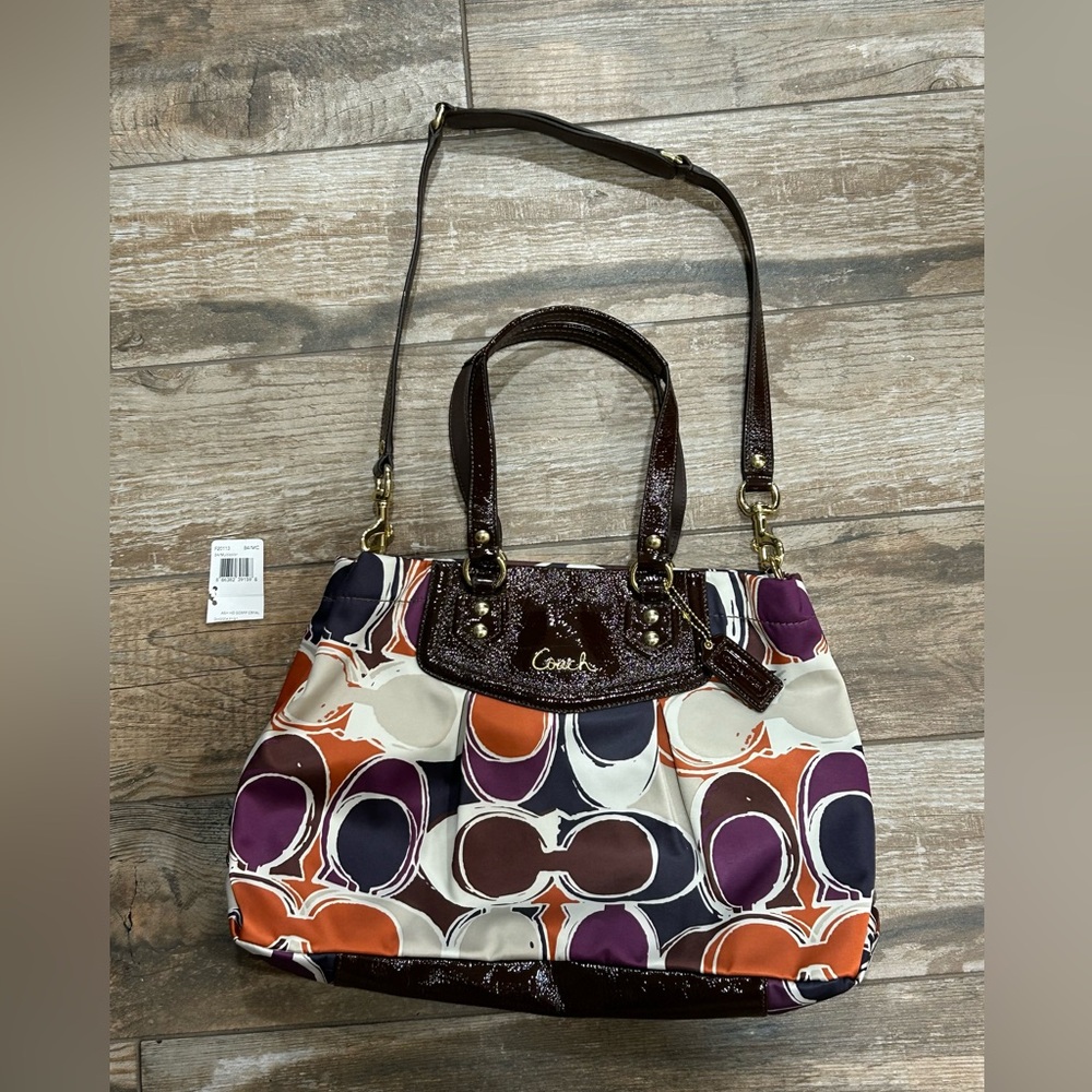 New Coach Ashley Scarf Print Purse F20113 Purple Brown Patent Leather Bag Y2K